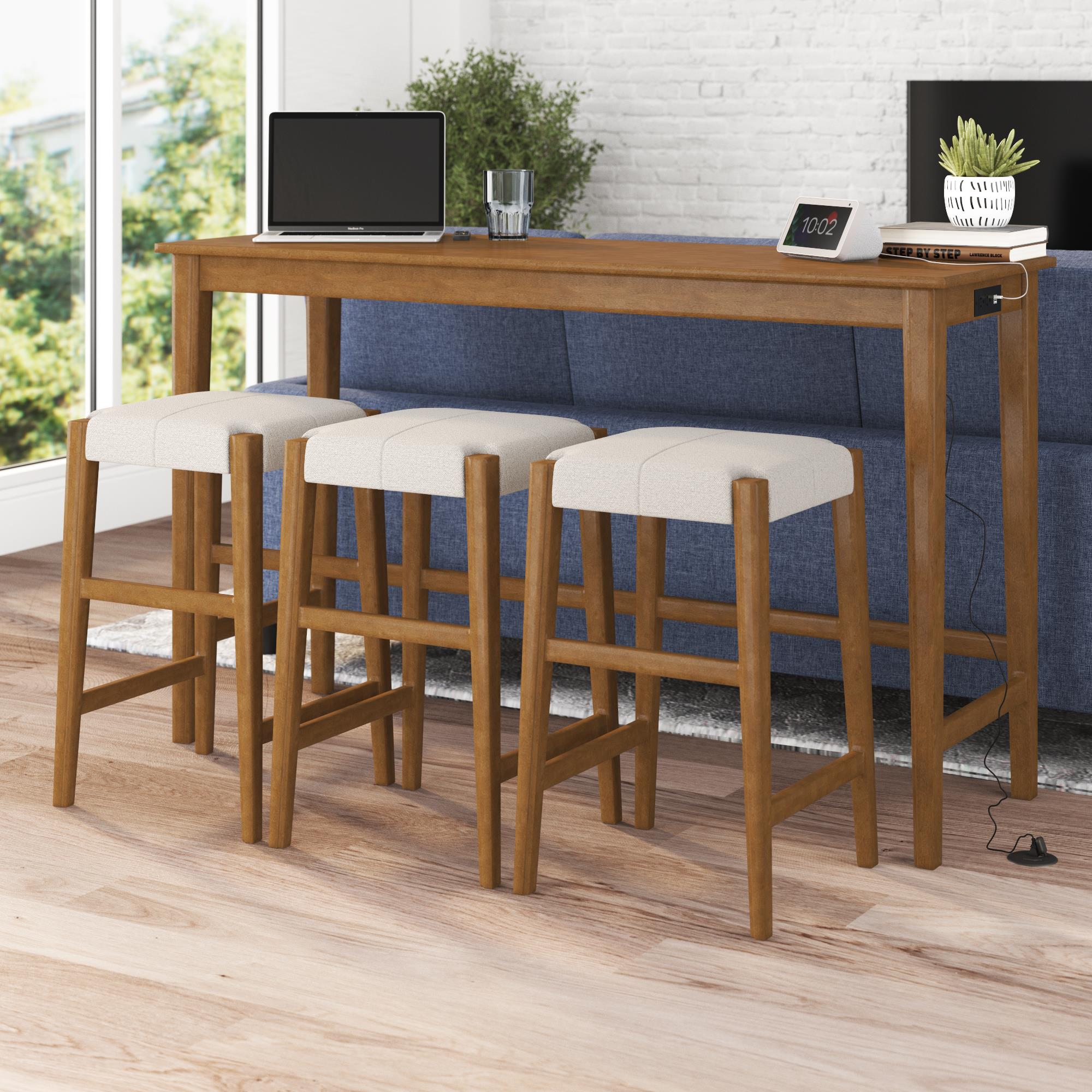DHP Dallon Sofa Table with 3 Stools and USB Charger - Blonde Oak
