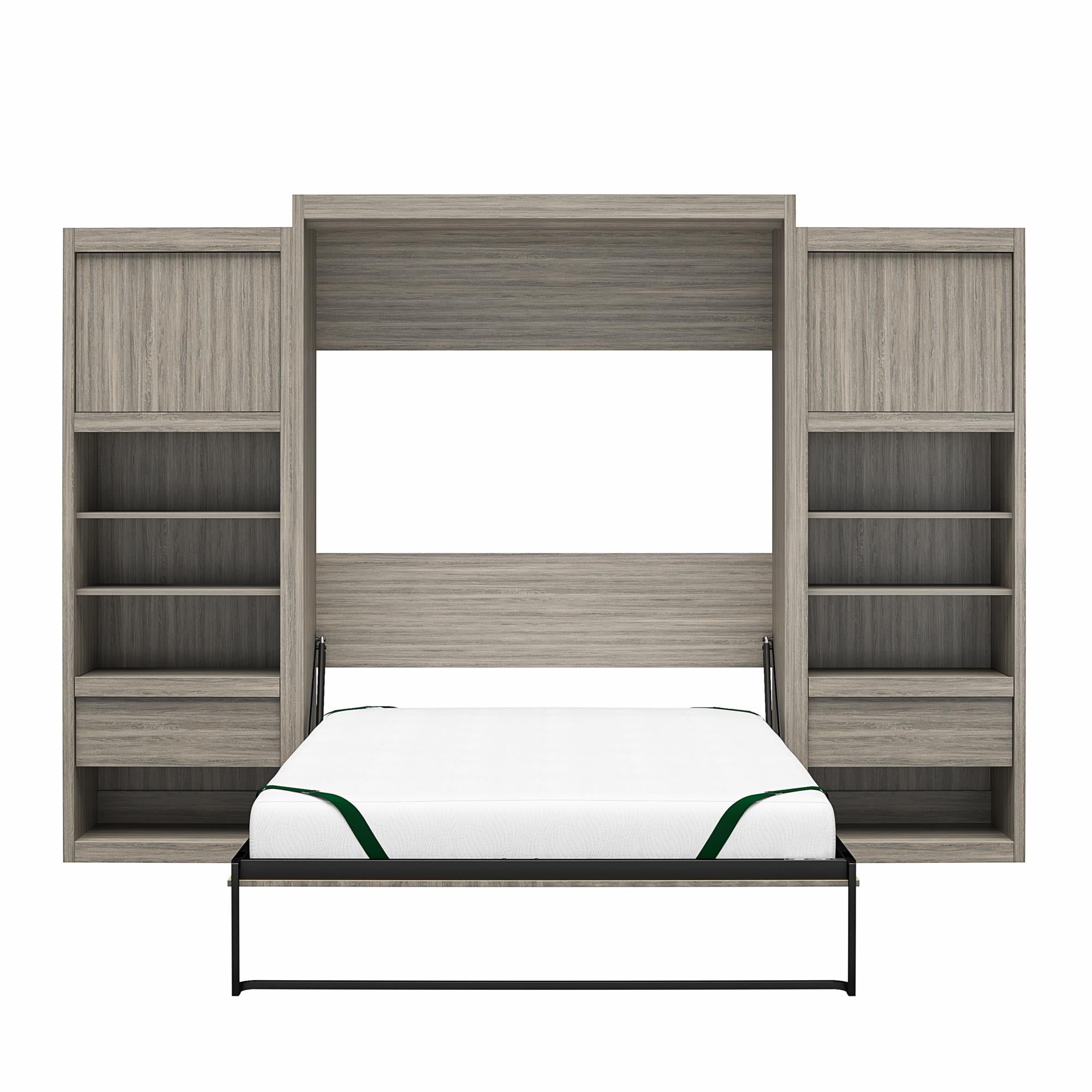 Signature Sleep Paramount Queen Wall Bed with 2 Bedside Storage Cabinets & 8" Memory Foam Mattress - Gray Oak - Queen