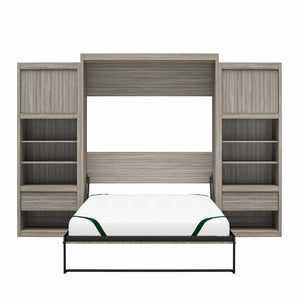 Signature Sleep Paramount Queen Wall Bed with 2 Bedside Storage Cabinets & 8" Memory Foam Mattress - Gray Oak - Queen