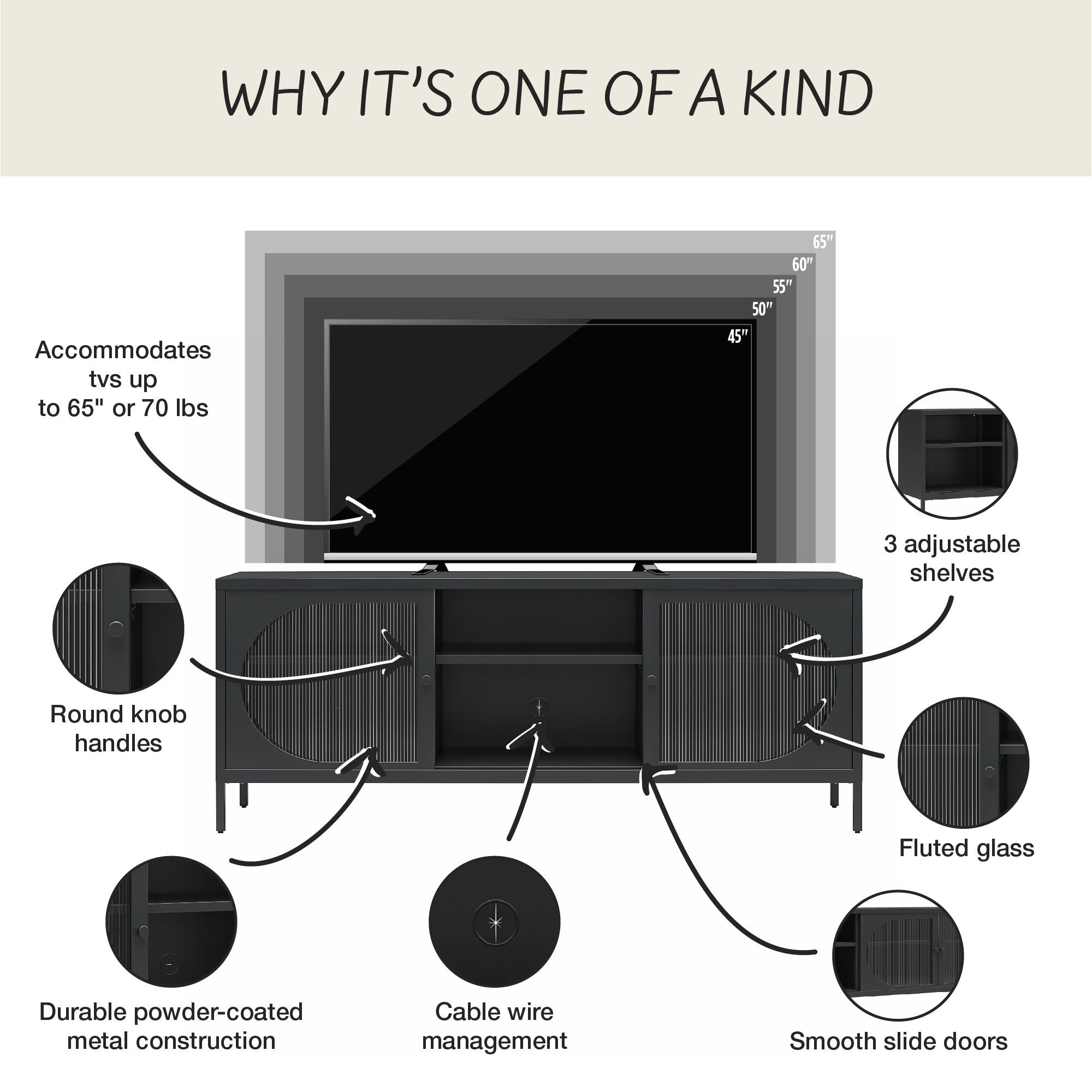 Mr. Kate Luna Metal TV Stand with Fluted Glass for 65" TVs - Black