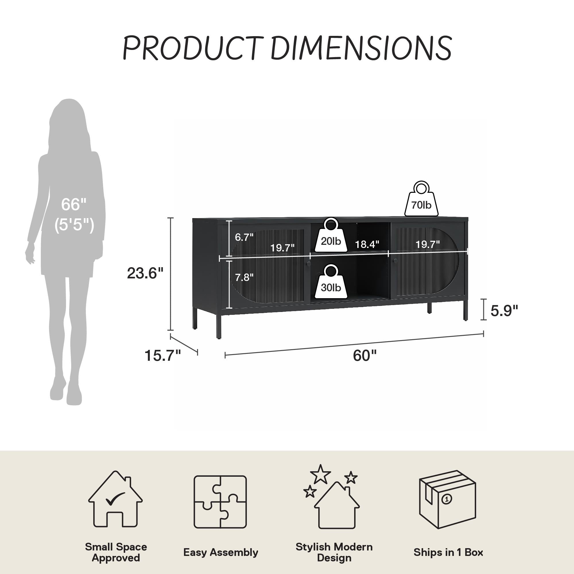 Mr. Kate Luna Metal TV Stand with Fluted Glass for 65" TVs - Black