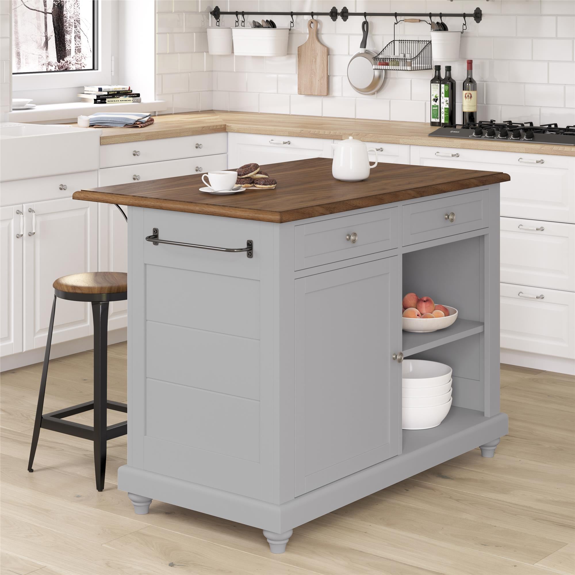DHP Kelsey Kitchen Island with 2 Stools - Gray
