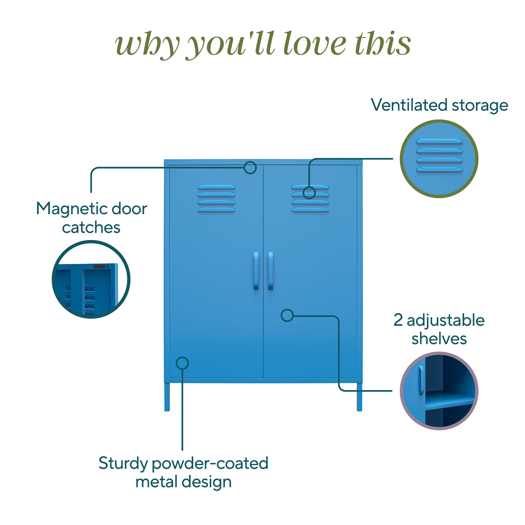 Novogratz Cache 2 Door Metal Locker Style Storage Accent Cabinet - Bright Blue