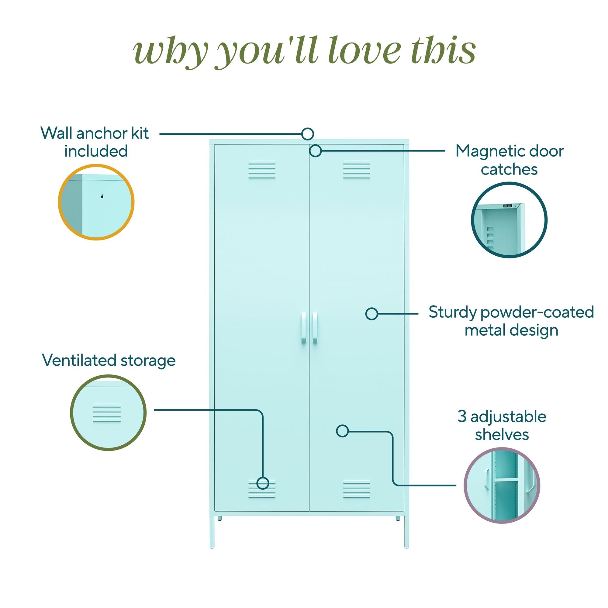 Novogratz Cache 2 Door Tall Metal Locker Style Storage Cabinet - Spearmint