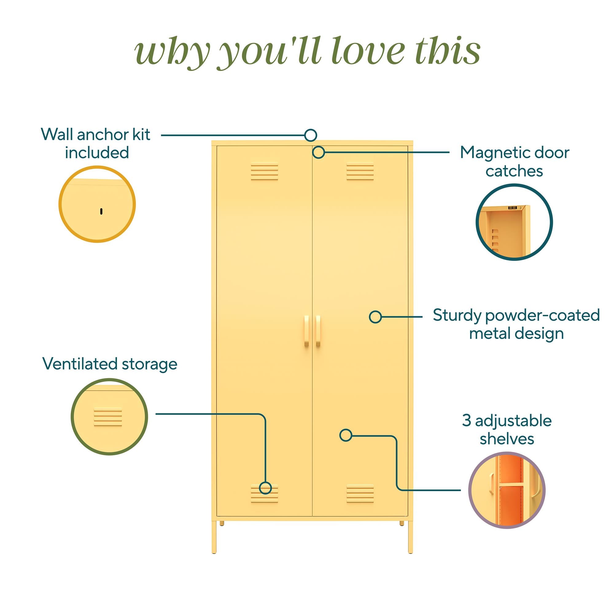 Novogratz Cache 2 Door Tall Metal Locker Style Storage Cabinet - Yellow