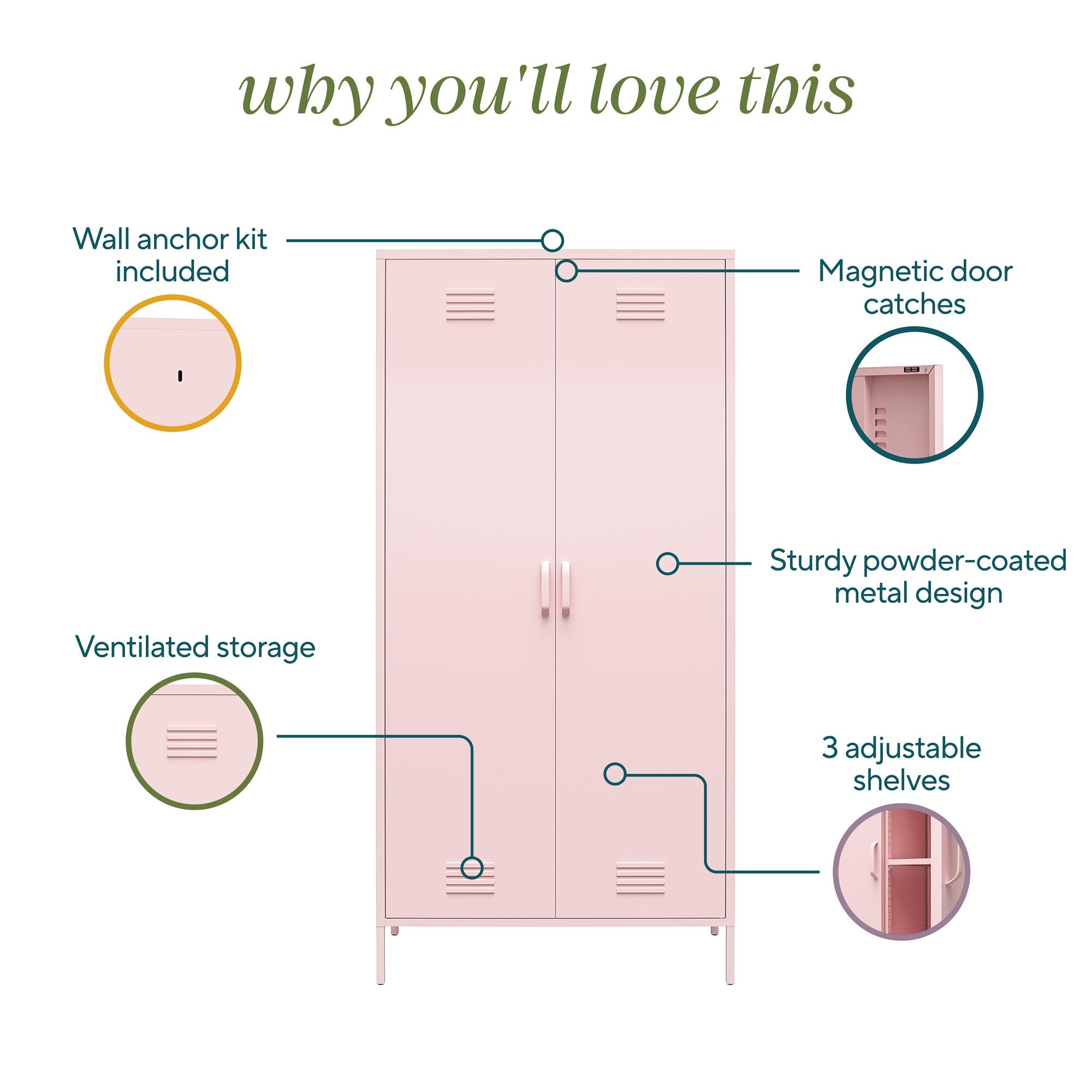 Novogratz Cache 2 Door Tall Metal Locker Style Storage Cabinet - Bashful