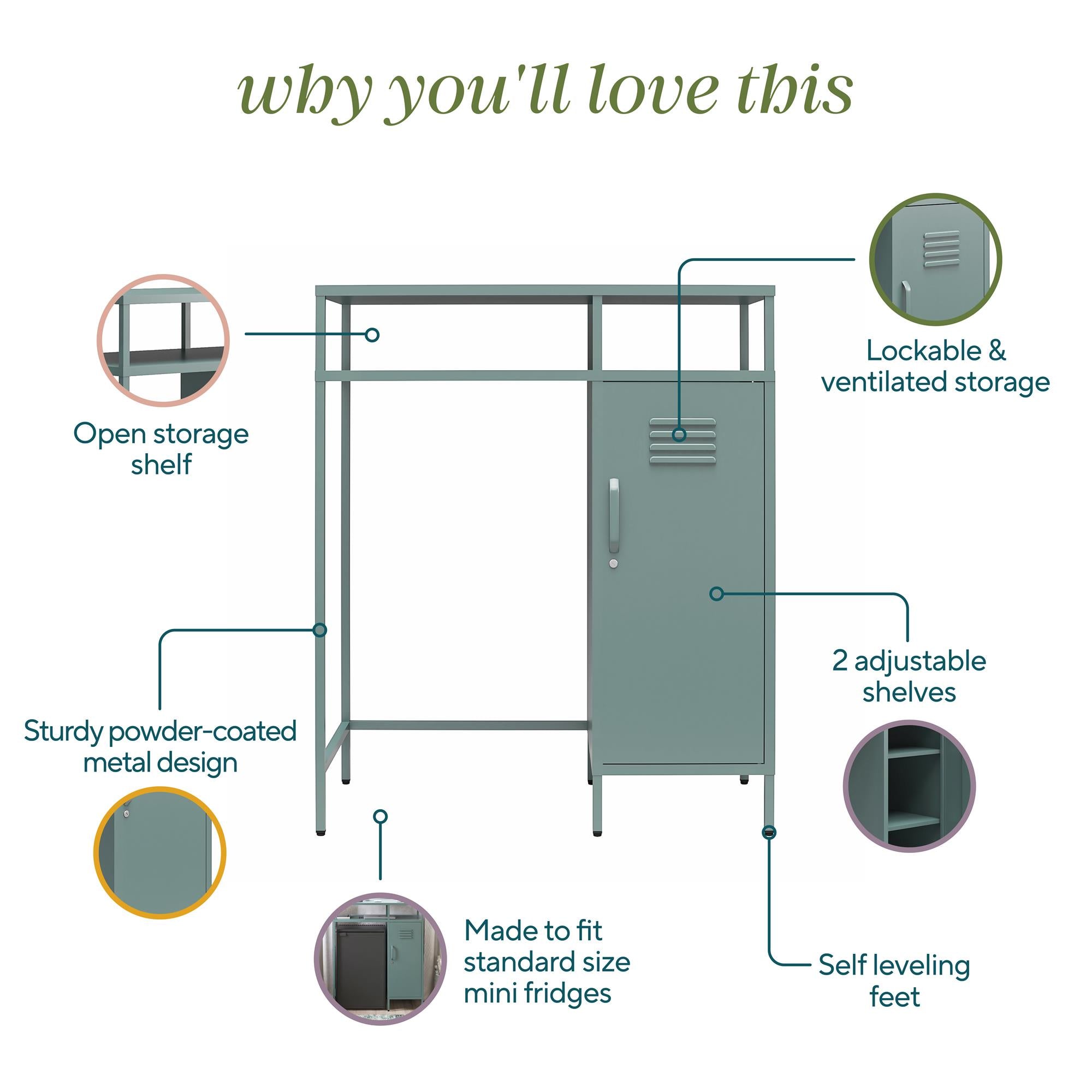 Novogratz Cache Metal Locker-Style Mini Refrigerator Organizer - Hunter Green