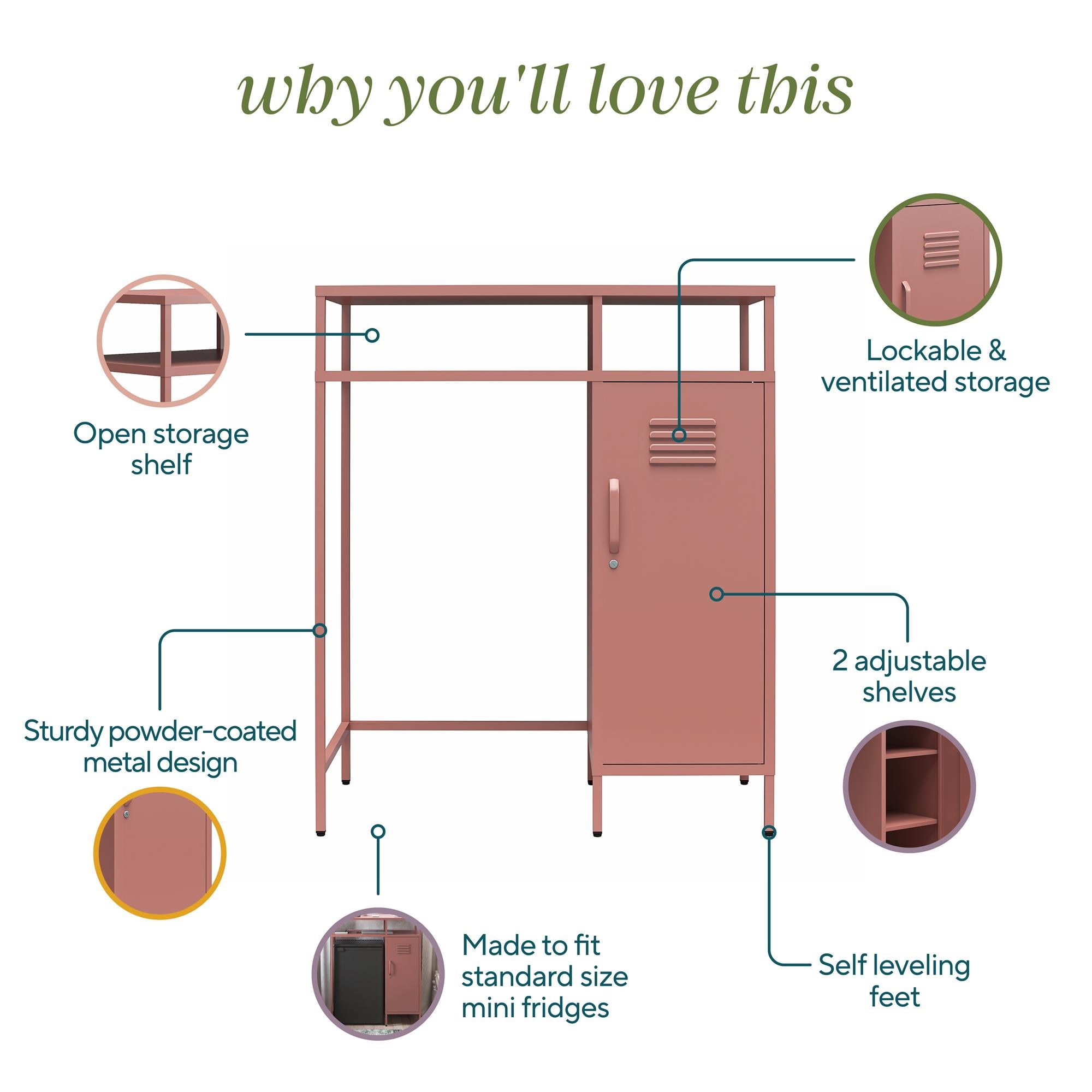 Novogratz Cache Metal Locker-Style Mini Refrigerator Organizer - Dusty Rose