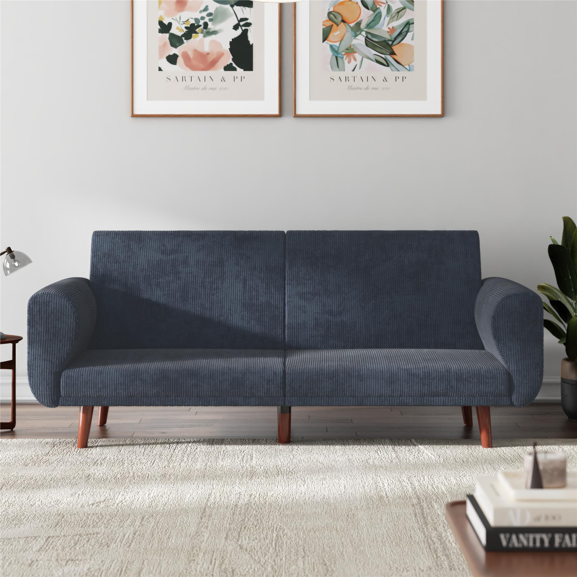 DHP Daylen Mid-Century Futon Sofa Bed - Blue - 2-Seater
