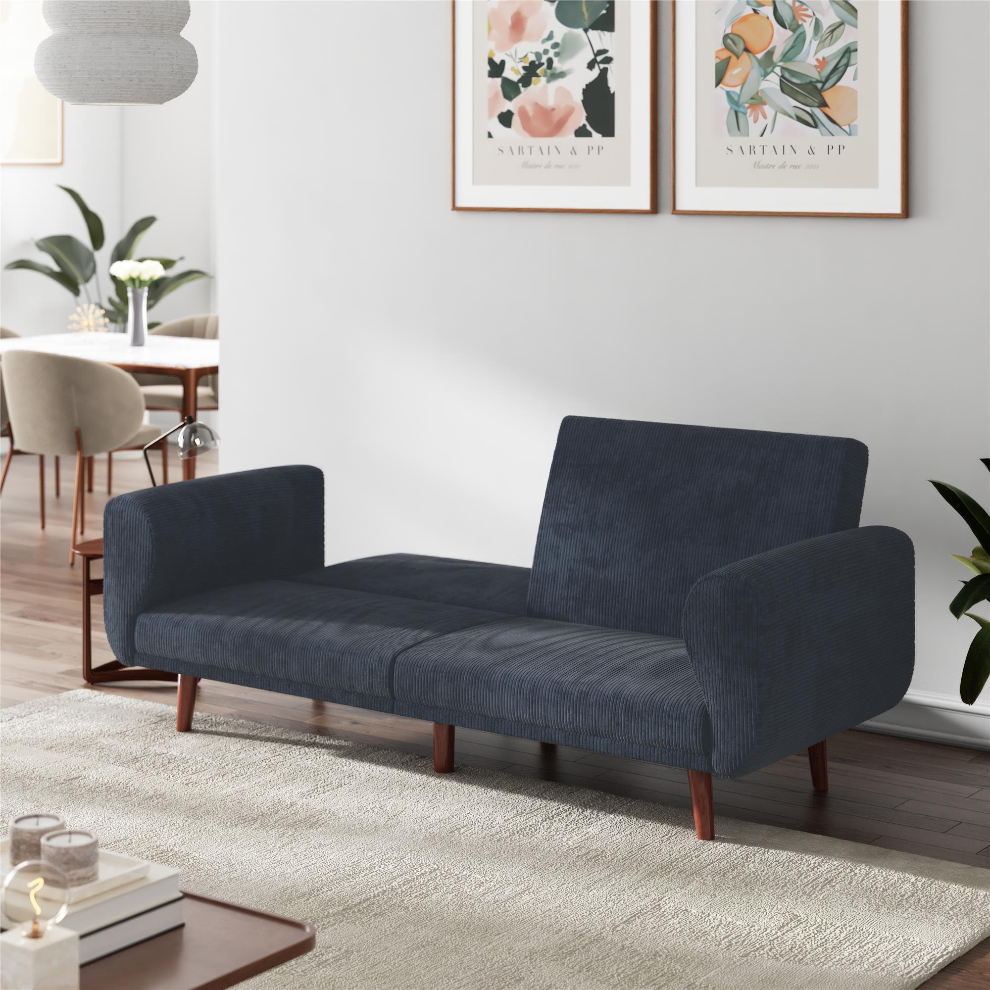 DHP Daylen Mid-Century Futon Sofa Bed - Blue - 2-Seater