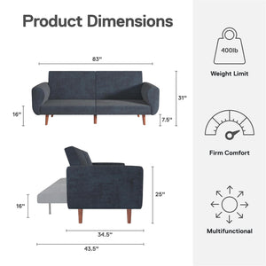 DHP Daylen Mid-Century Futon Sofa Bed - Blue - 2-Seater