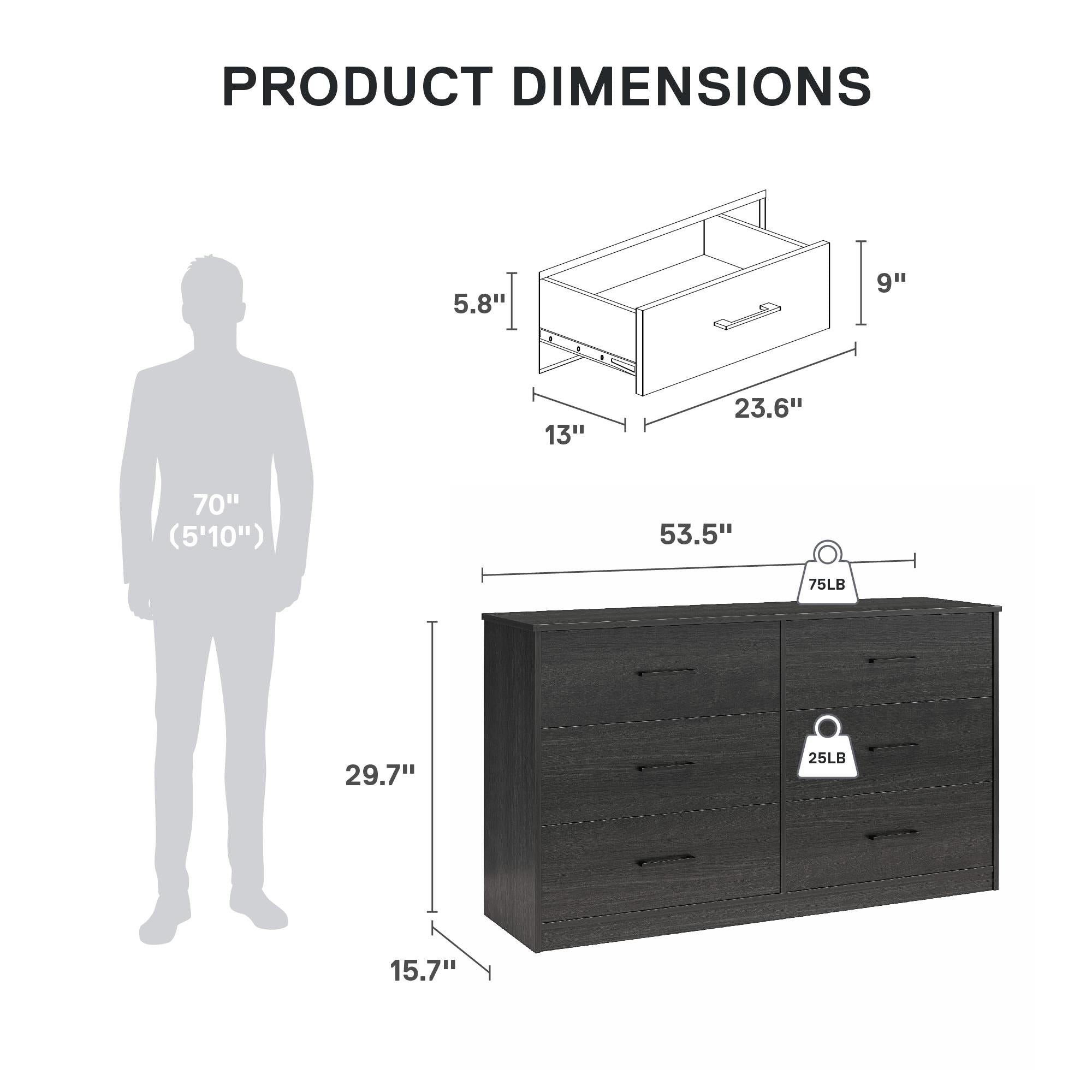 Ameriwood Home BrEZ Build Pearce Wide 6 Drawer Dresser - Black Oak - 6 Drawer
