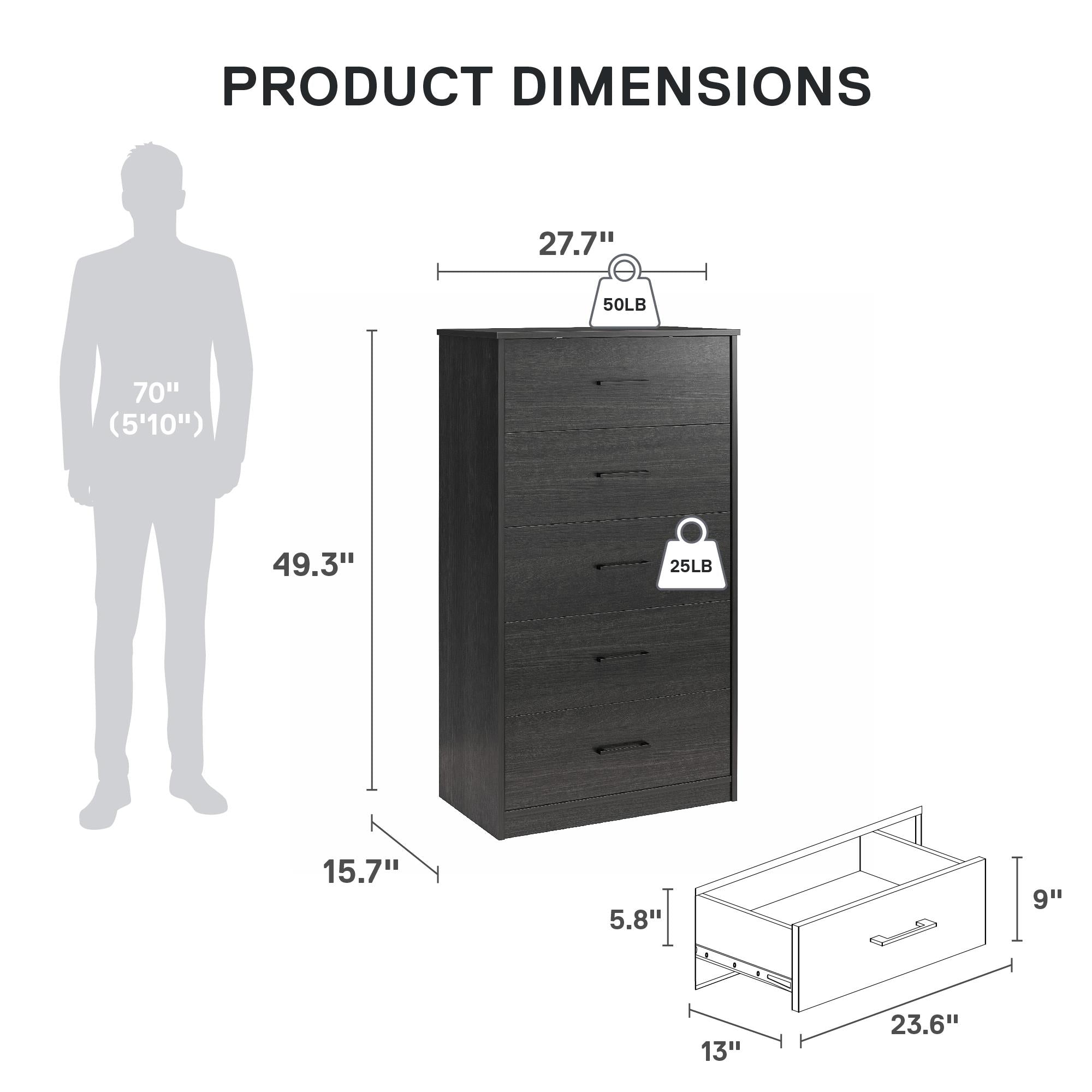 Ameriwood Home BrEZ Build Pearce Tall 5 Drawer Dresser - Black Oak - 5 Drawer