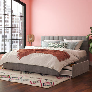 CosmoLiving Serena Upholstered Bed with Drawers - Light Gray - King