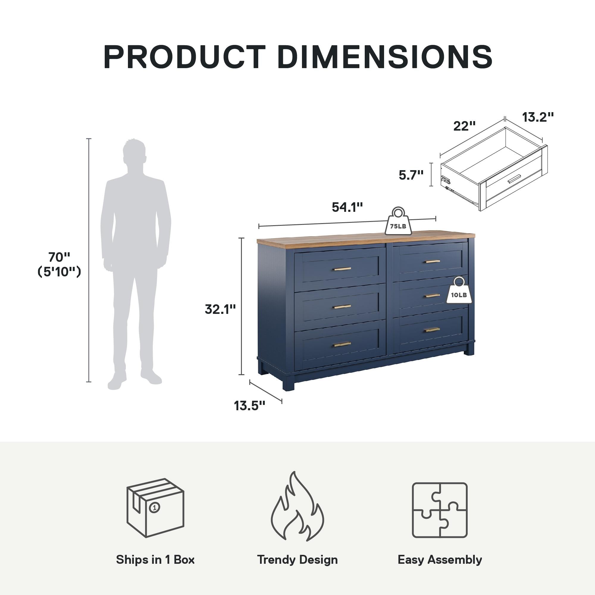 Ameriwood Home Armada 6-Drawer Wide Dresser - Navy