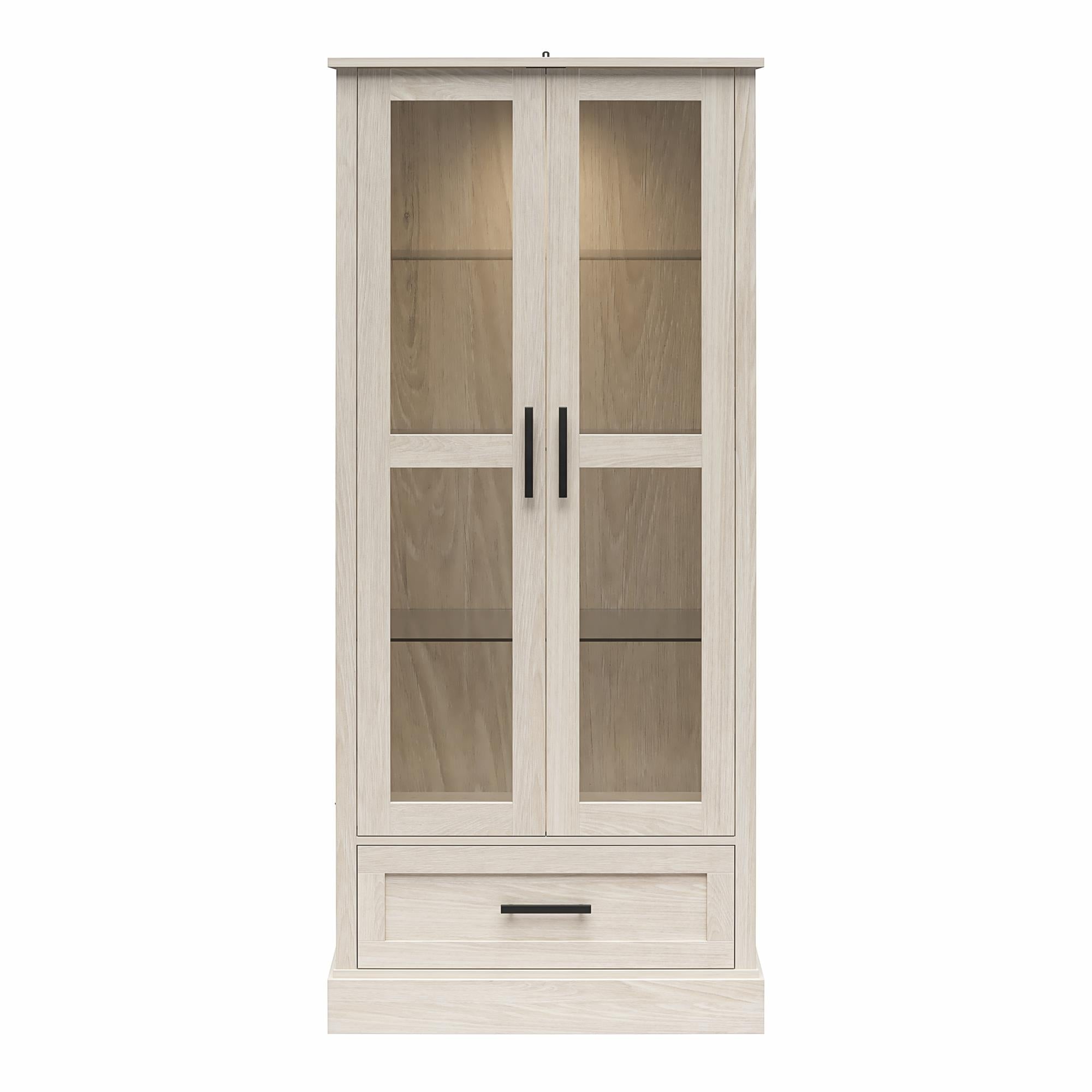 Ameriwood Home Sherman Curio Cabinet with Glass Doors and Storage Drawer - White Oak