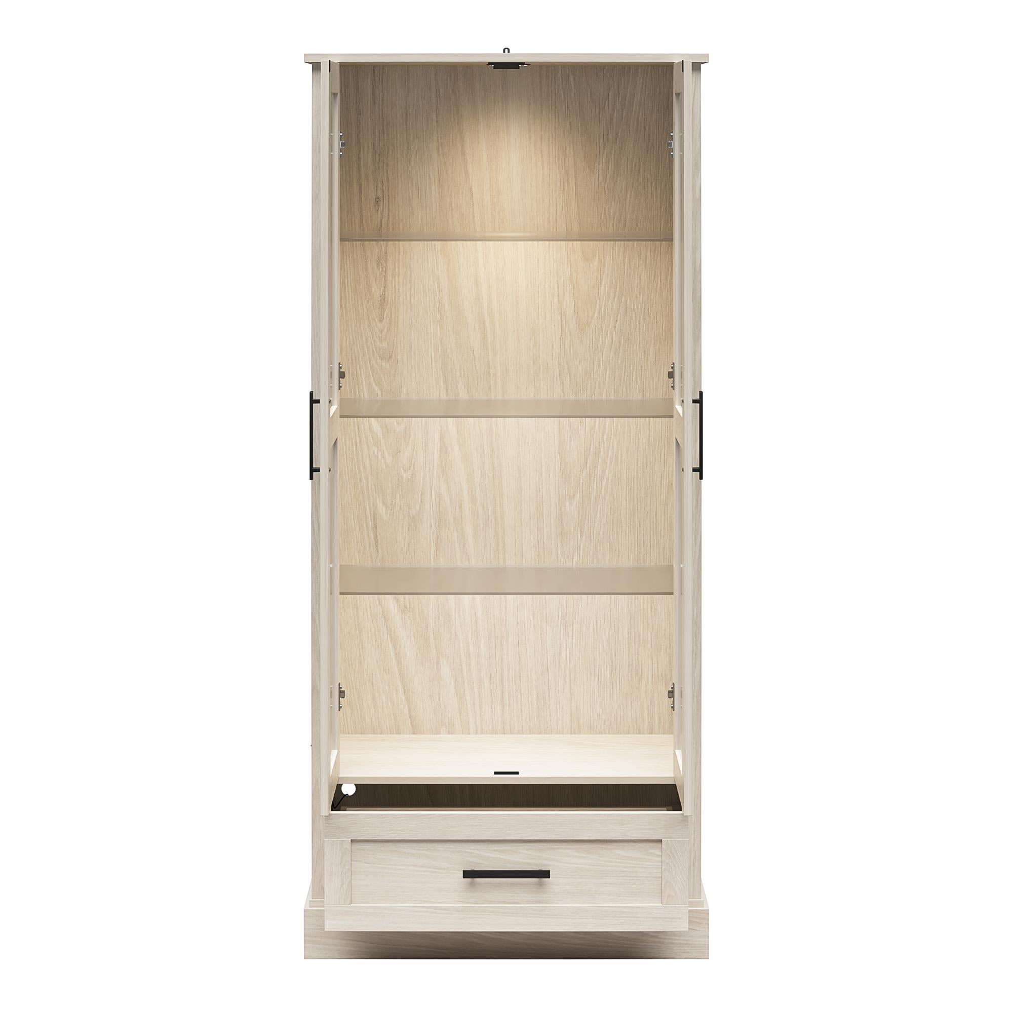 Ameriwood Home Sherman Curio Cabinet with Glass Doors and Storage Drawer - White Oak