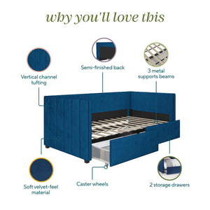 Novogratz Arliss Modern Tuxedo Daybed with Storage - Indigo Blue - Twin