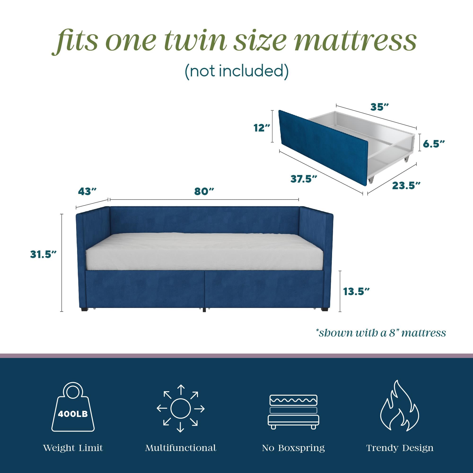 Novogratz Arliss Modern Tuxedo Daybed with Storage - Indigo Blue - Twin