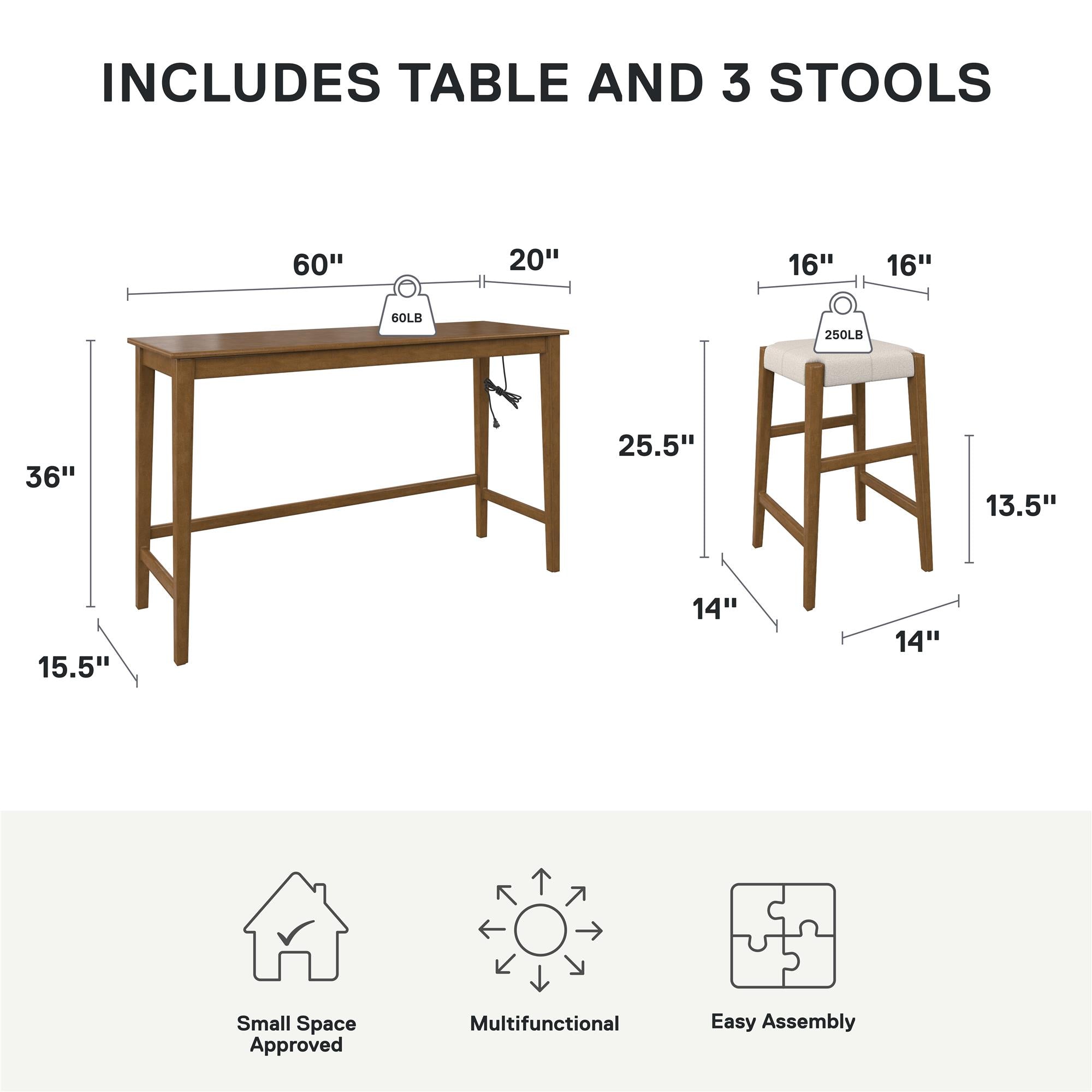 DHP Dallon Sofa Table with 3 Stools and USB Charger - Blonde Oak