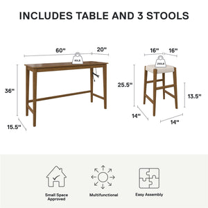 DHP Dallon Sofa Table with 3 Stools and USB Charger - Blonde Oak