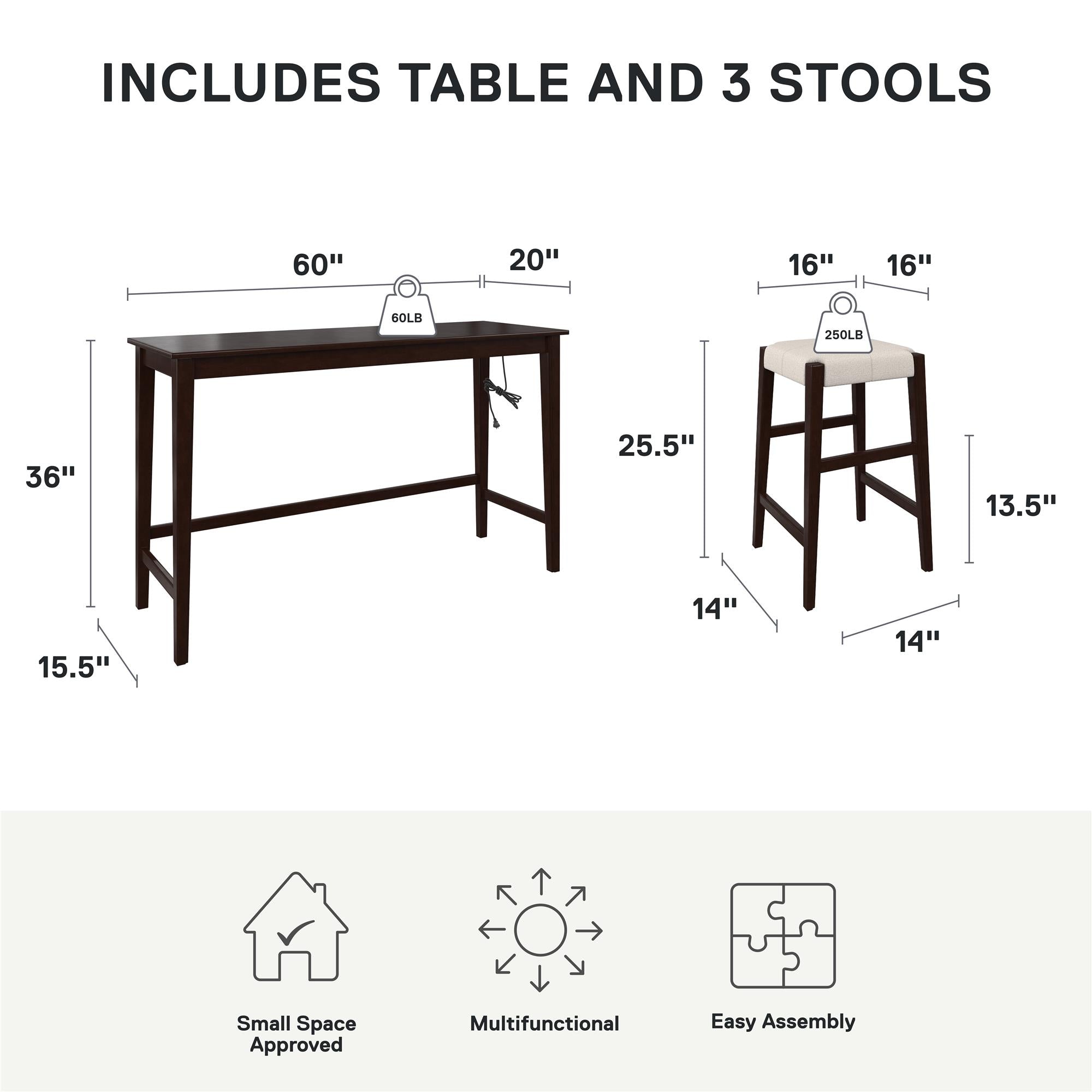 DHP Dallon Sofa Table with 3 Stools and USB Charger - Espresso