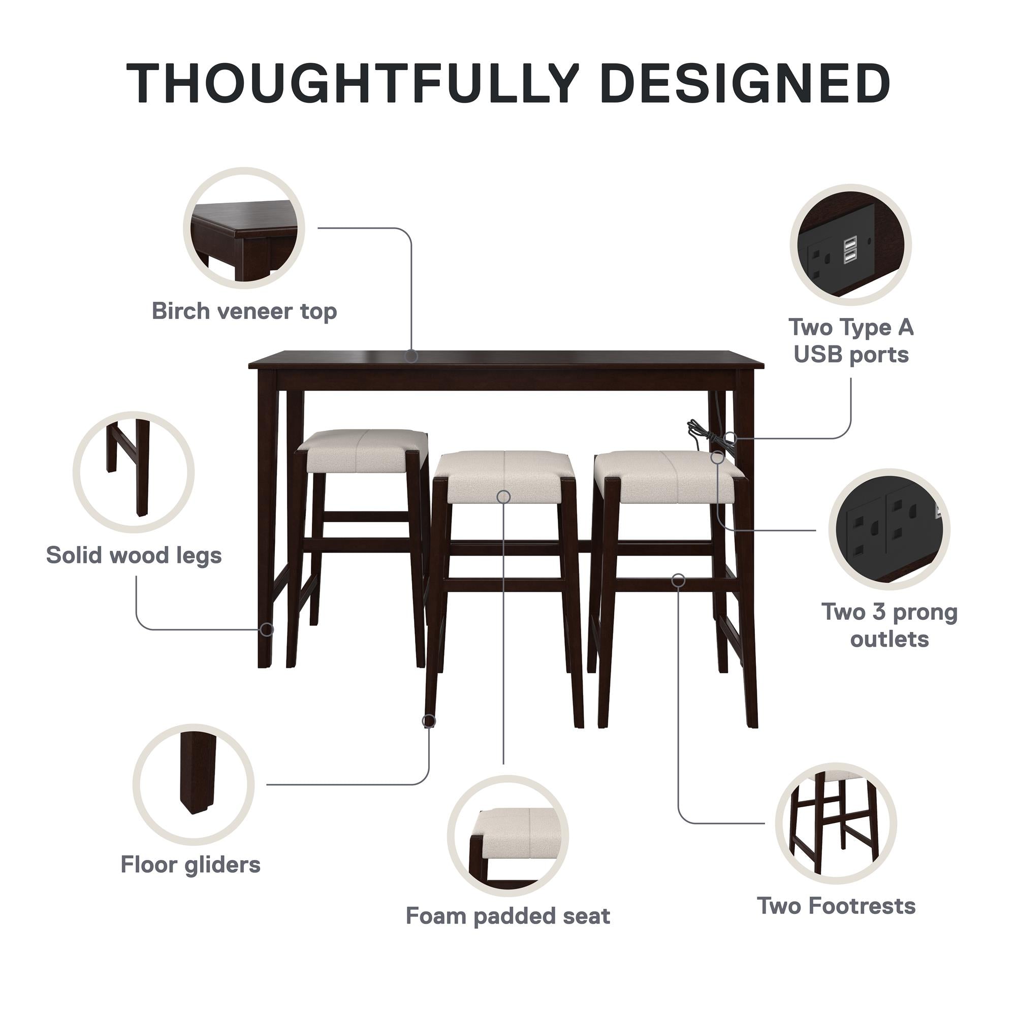 DHP Dallon Sofa Table with 3 Stools and USB Charger - Espresso