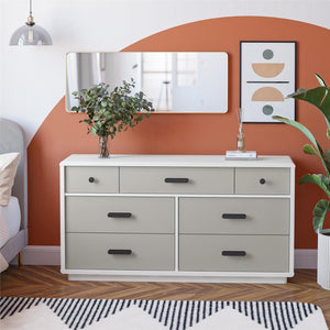 CosmoLiving Valencia 7-Drawer Wide Dresser - Taupe/White