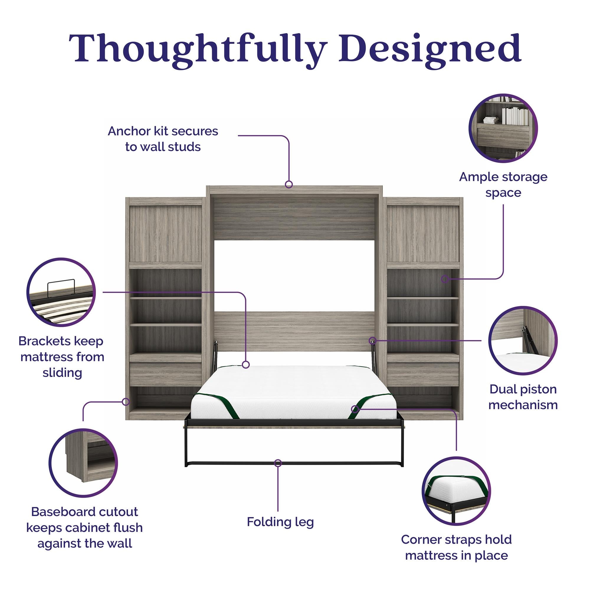 Signature Sleep Paramount Queen Wall Bed with 2 Bedside Storage Cabinets & 8" Memory Foam Mattress - Gray Oak - Queen