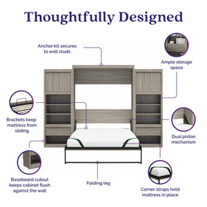 Signature Sleep Paramount Queen Wall Bed with 2 Bedside Storage Cabinets & 8" Memory Foam Mattress - Gray Oak - Queen