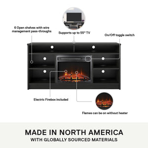 Ameriwood Home Hendrix TV Stand for TVs up to 55" with Electric Fireplace Insert and 6 Shelves - Black Oak
