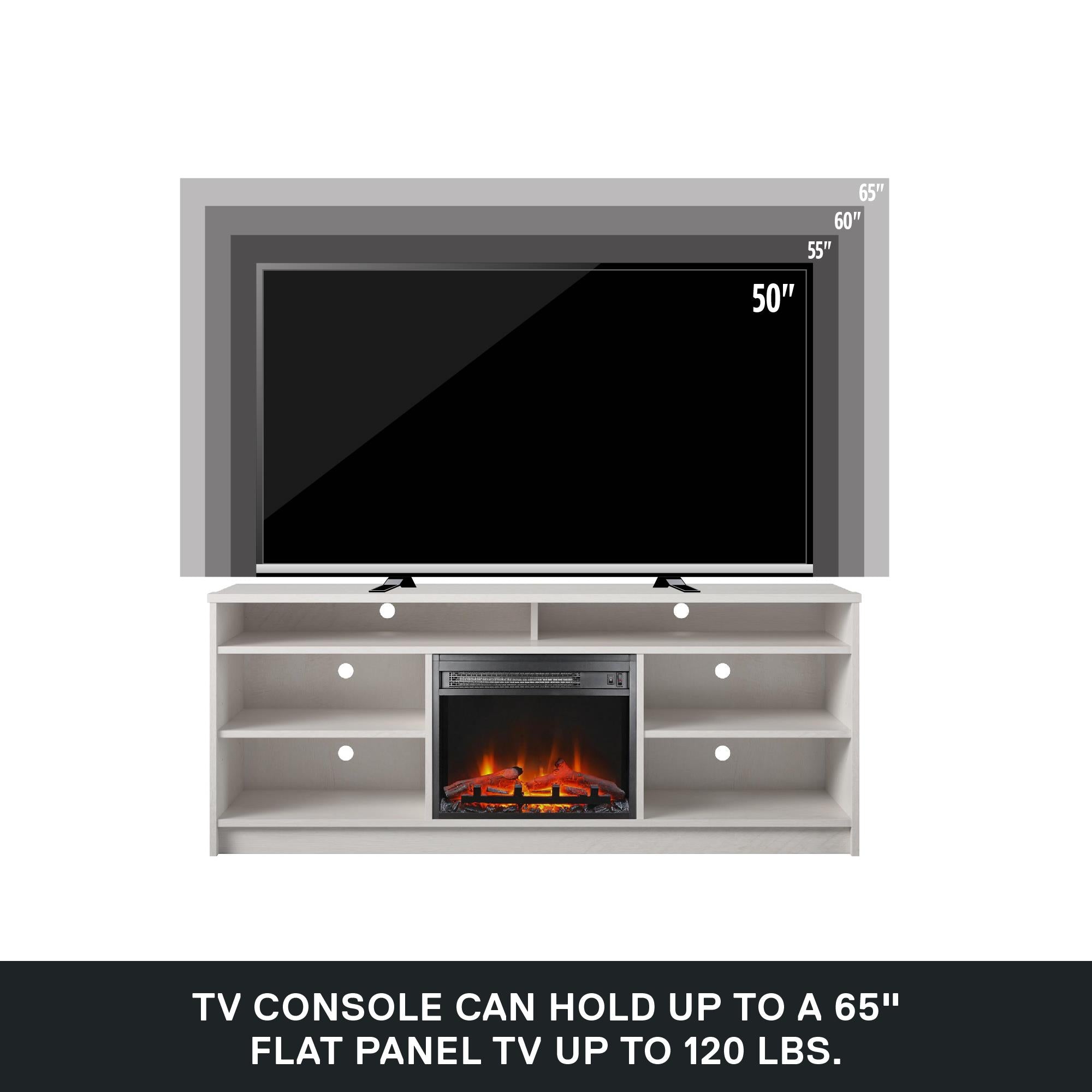 Ameriwood Home Hendrix TV Stand for TVs up to 65" with Electric Fireplace Insert and 6 Shelves - Ivory Oak
