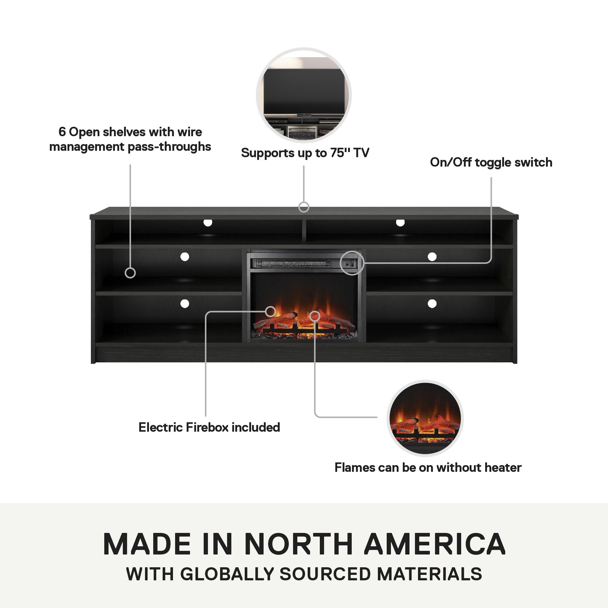 Ameriwood Home Hendrix TV Stand for TVs up to 75" with Electric Fireplace Insert and 6 Shelves - Black Oak