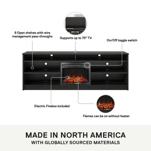 Ameriwood Home Hendrix TV Stand for TVs up to 75" with Electric Fireplace Insert and 6 Shelves - Black Oak