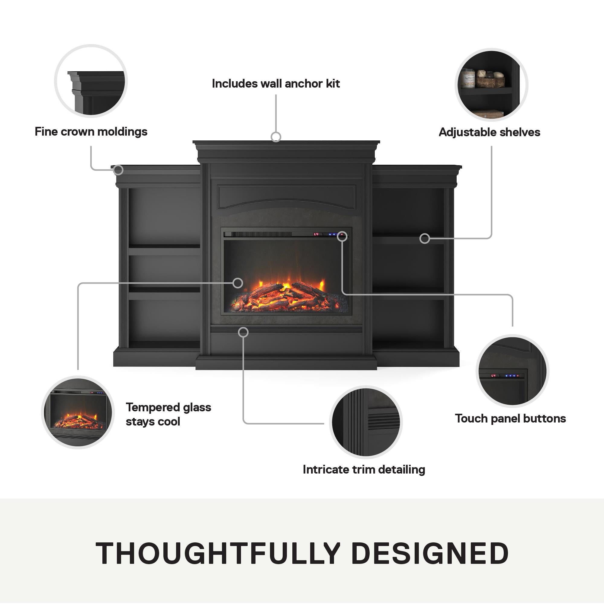 Ameriwood Home Lamont Electric Fireplace with Mantel and Side Bookcases - Black