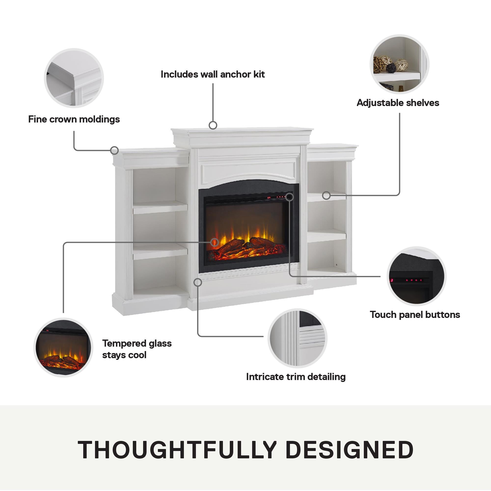 Ameriwood Home Lamont Electric Fireplace with Mantel and Side Bookcases - White