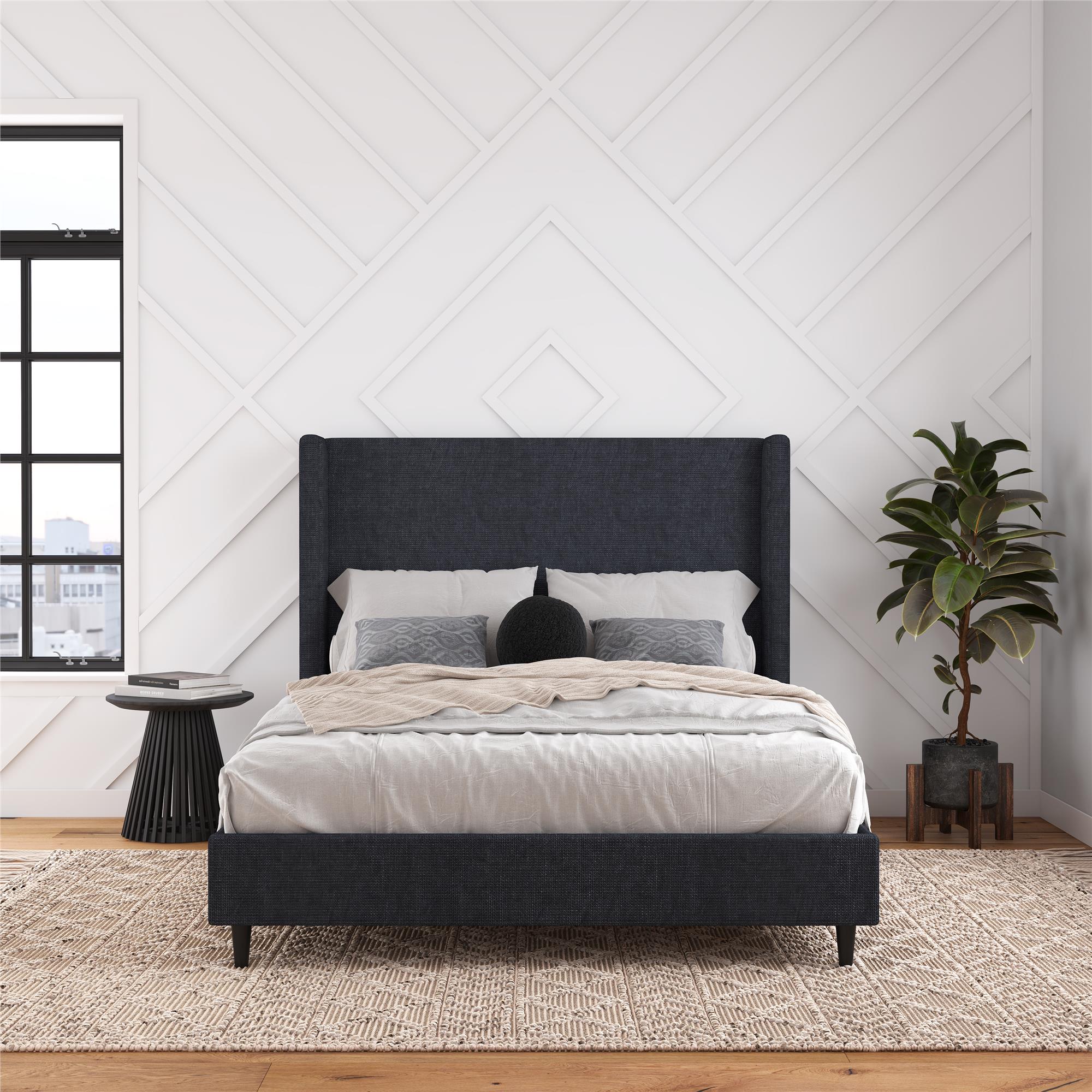 DHP Eveline Upholstered Wingback Bed - Textured Dark Blue Canvas - Queen
