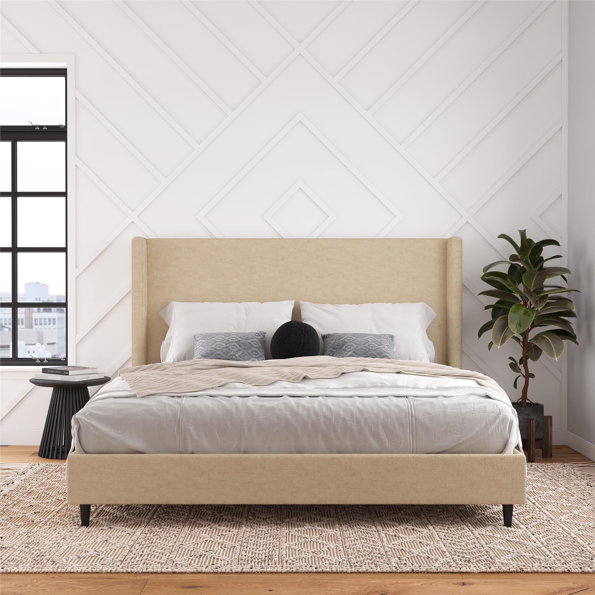 DHP Eveline Upholstered Wingback Bed - Textured Beige Canvas - King
