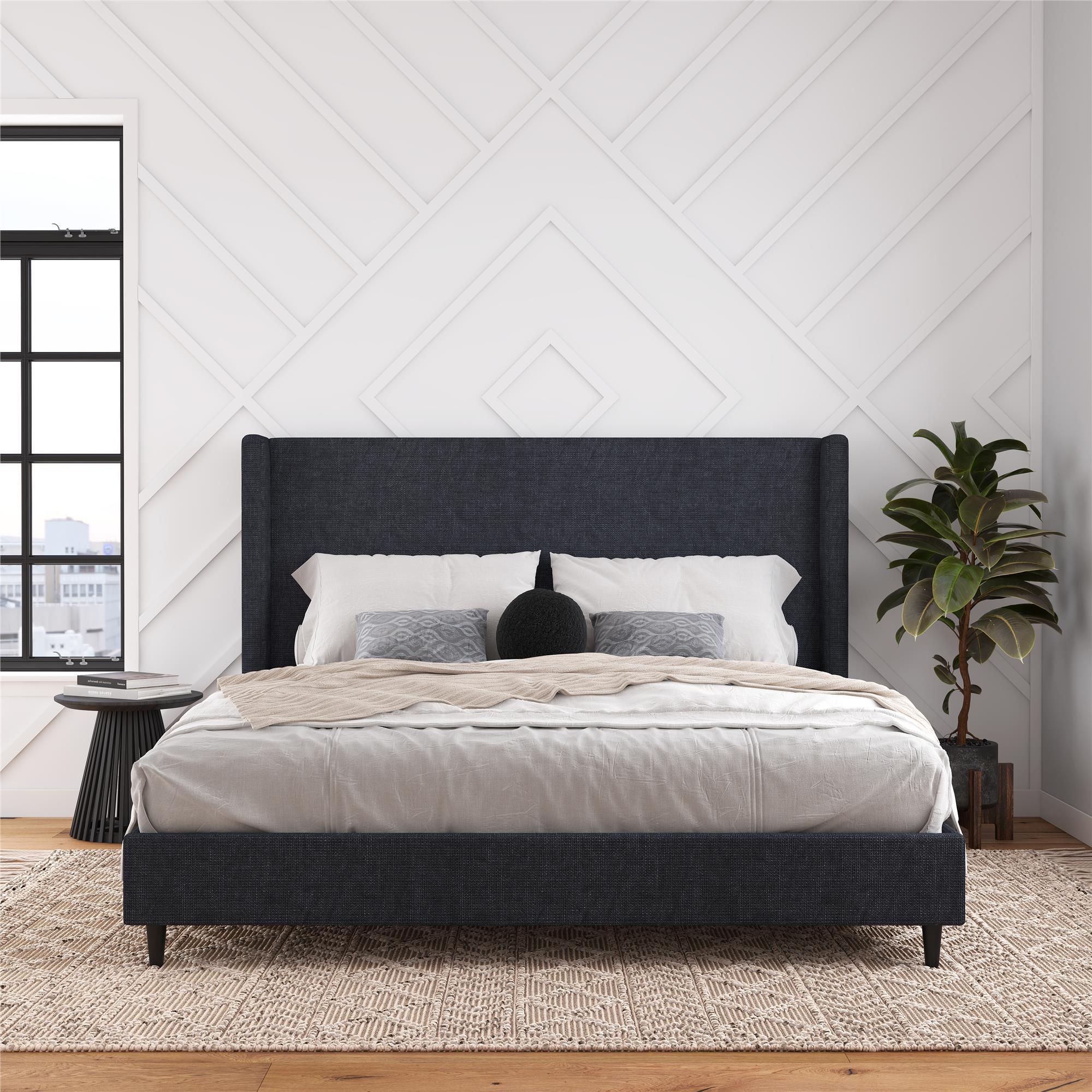 DHP Eveline Upholstered Wingback Bed - Textured Dark Blue Canvas - King