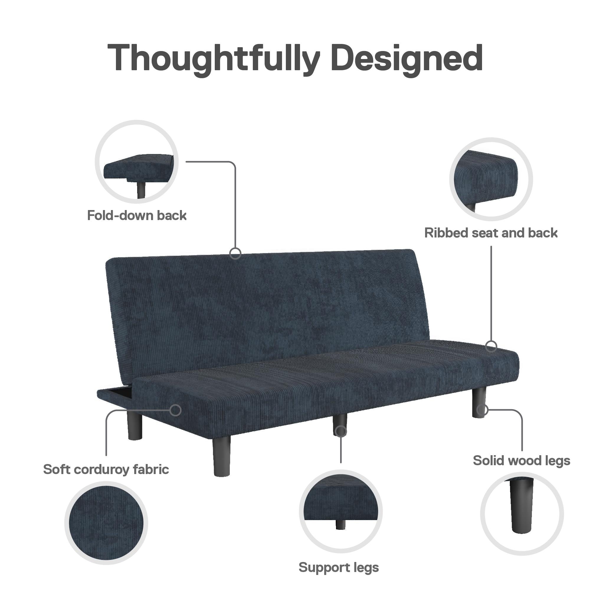 DHP Kelra Armless Mid-Century Futon Sofa Bed - Blue - 2-Seater