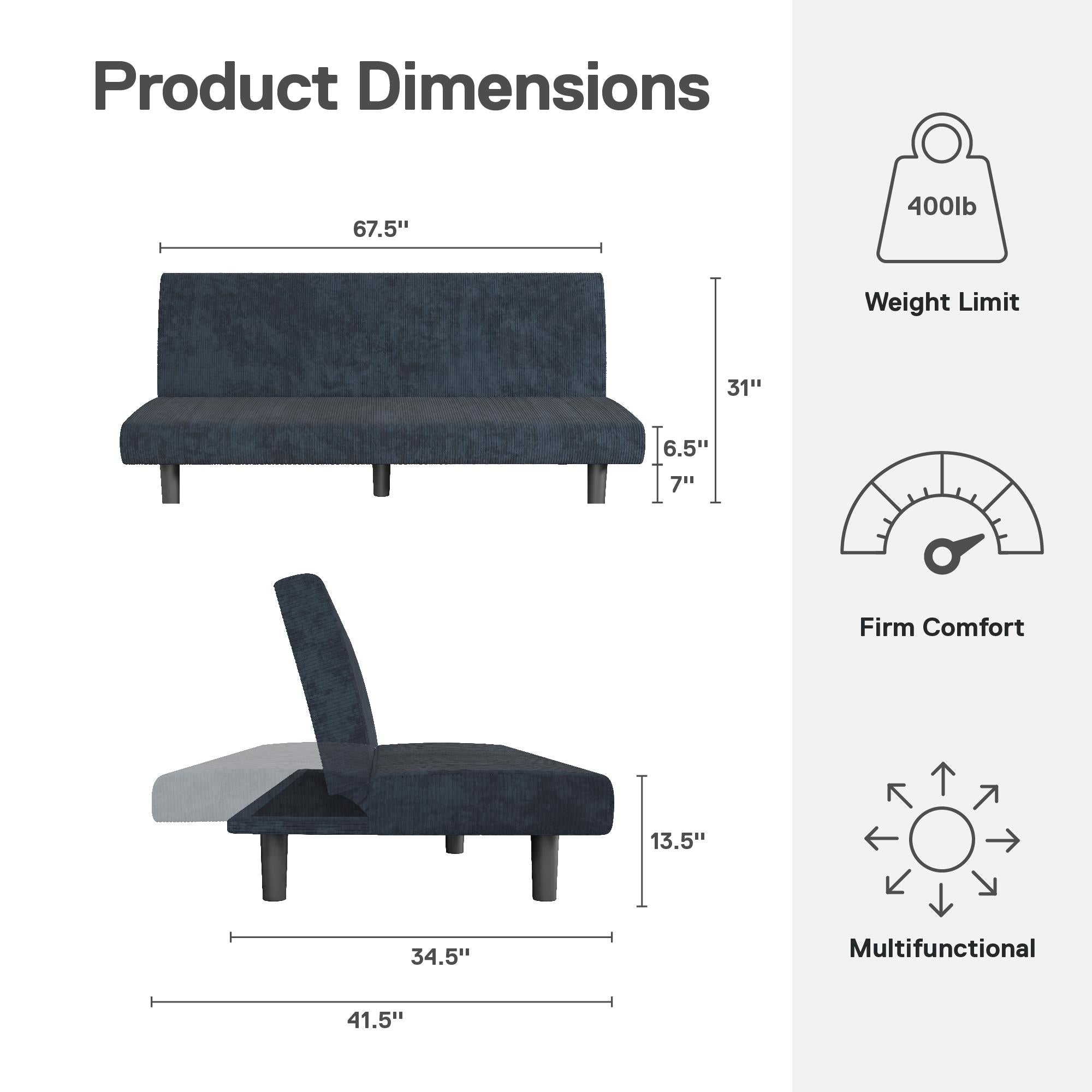 DHP Kelra Armless Mid-Century Futon Sofa Bed - Blue - 2-Seater