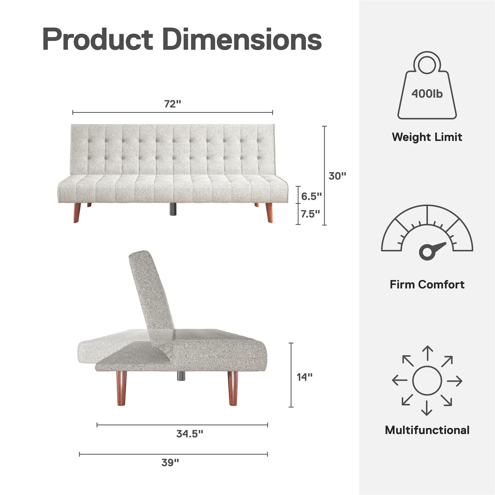 DHP Keiran Armless Mid-Century Futon Sofa Bed - Gray