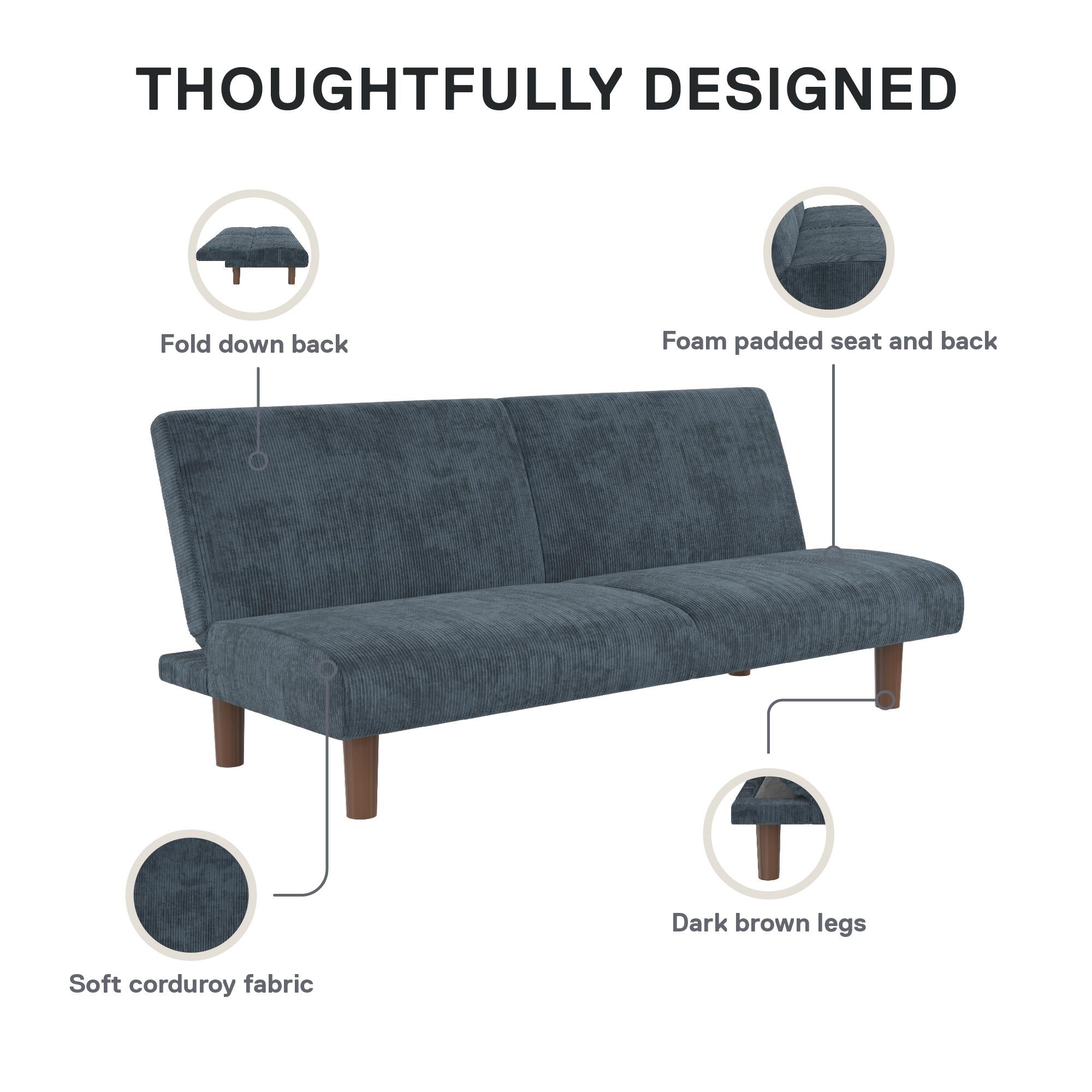 DHP Myla Armless Futon Sofa Bed - Blue - 3-Seater