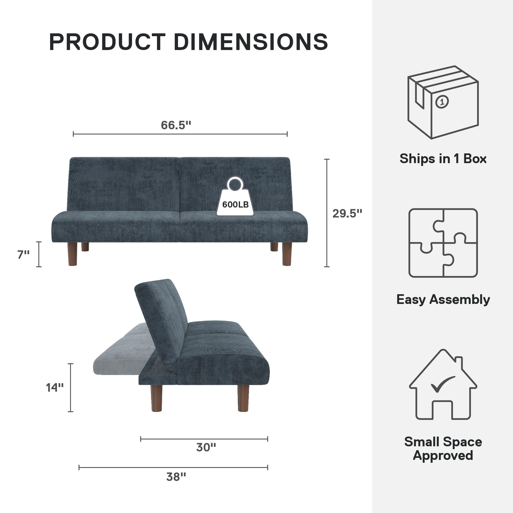 DHP Myla Armless Futon Sofa Bed - Blue - 3-Seater