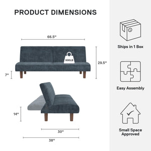 DHP Myla Armless Futon Sofa Bed - Blue - 3-Seater