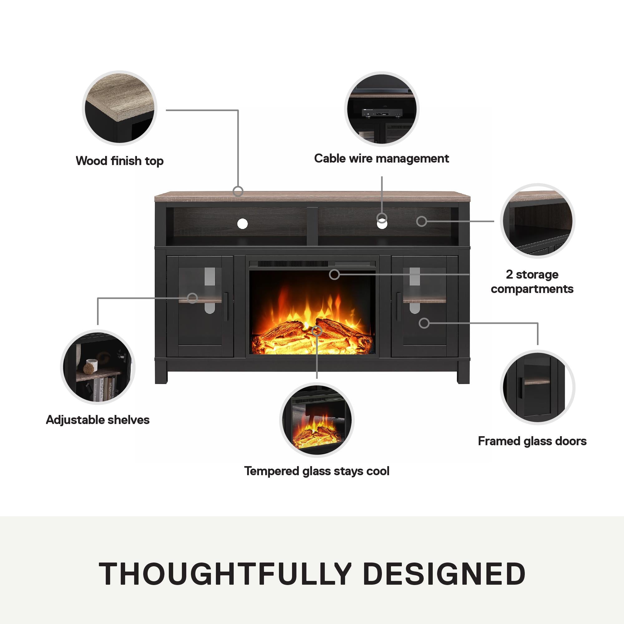 Ameriwood Home Carver Electric Fireplace TV Stand for TVs up to 60", Black - Black