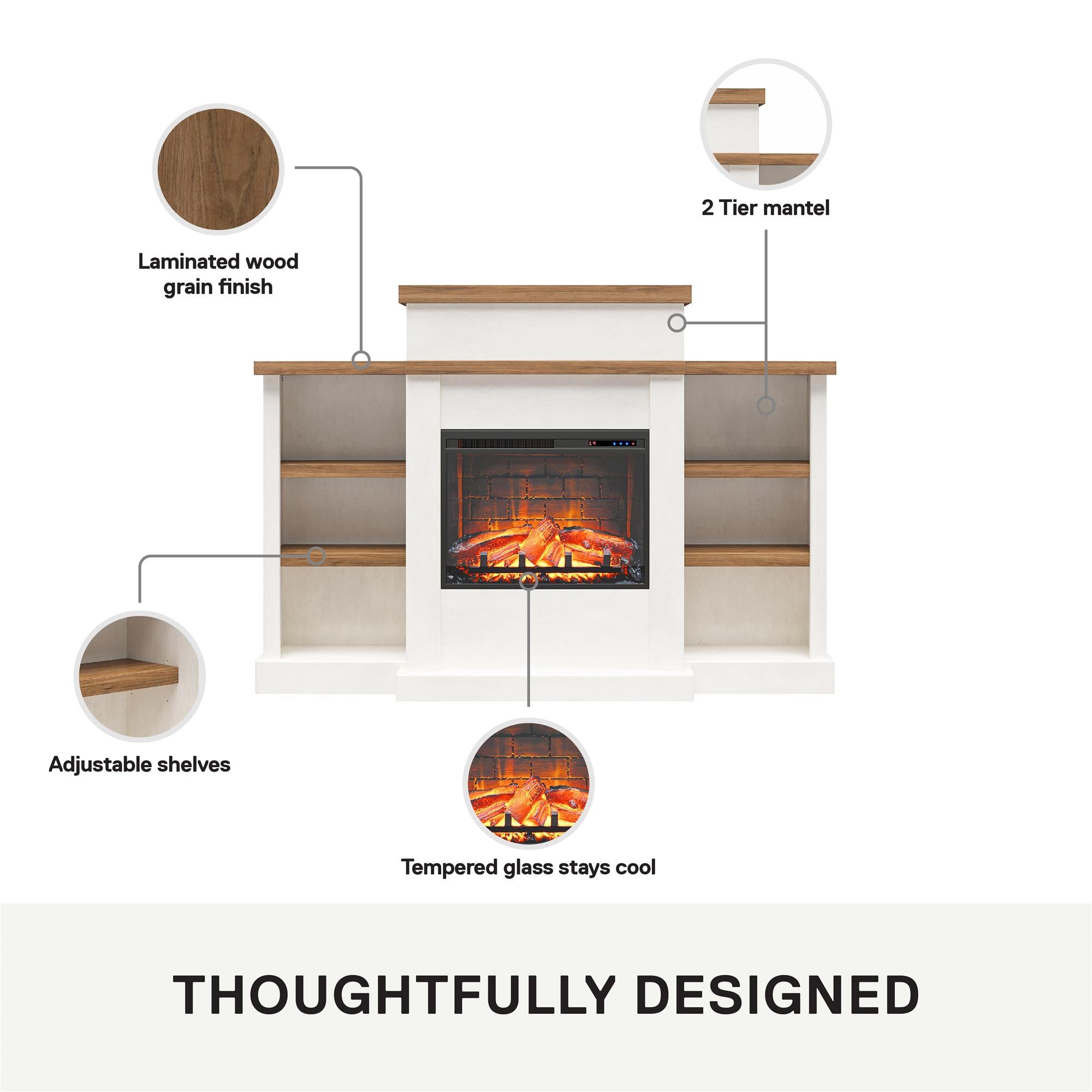 Ameriwood Home Gateswood Electric Fireplace with Mantel and Bookcase - Plaster