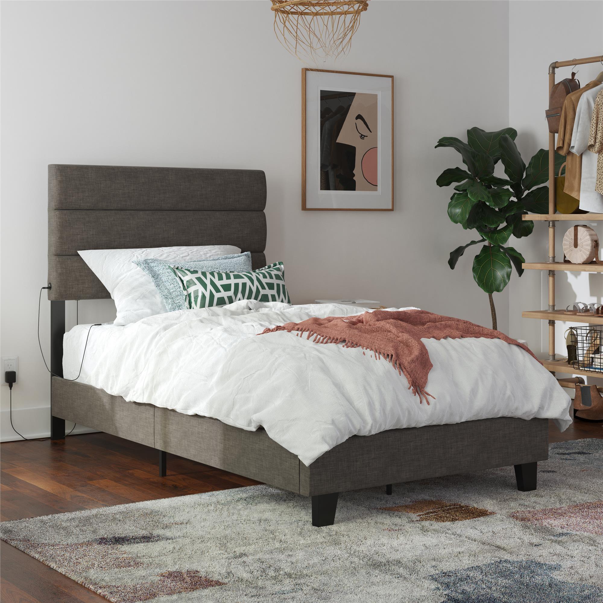 RealRooms Paloma Upholstered Bed with USB - Dark Gray - Twin