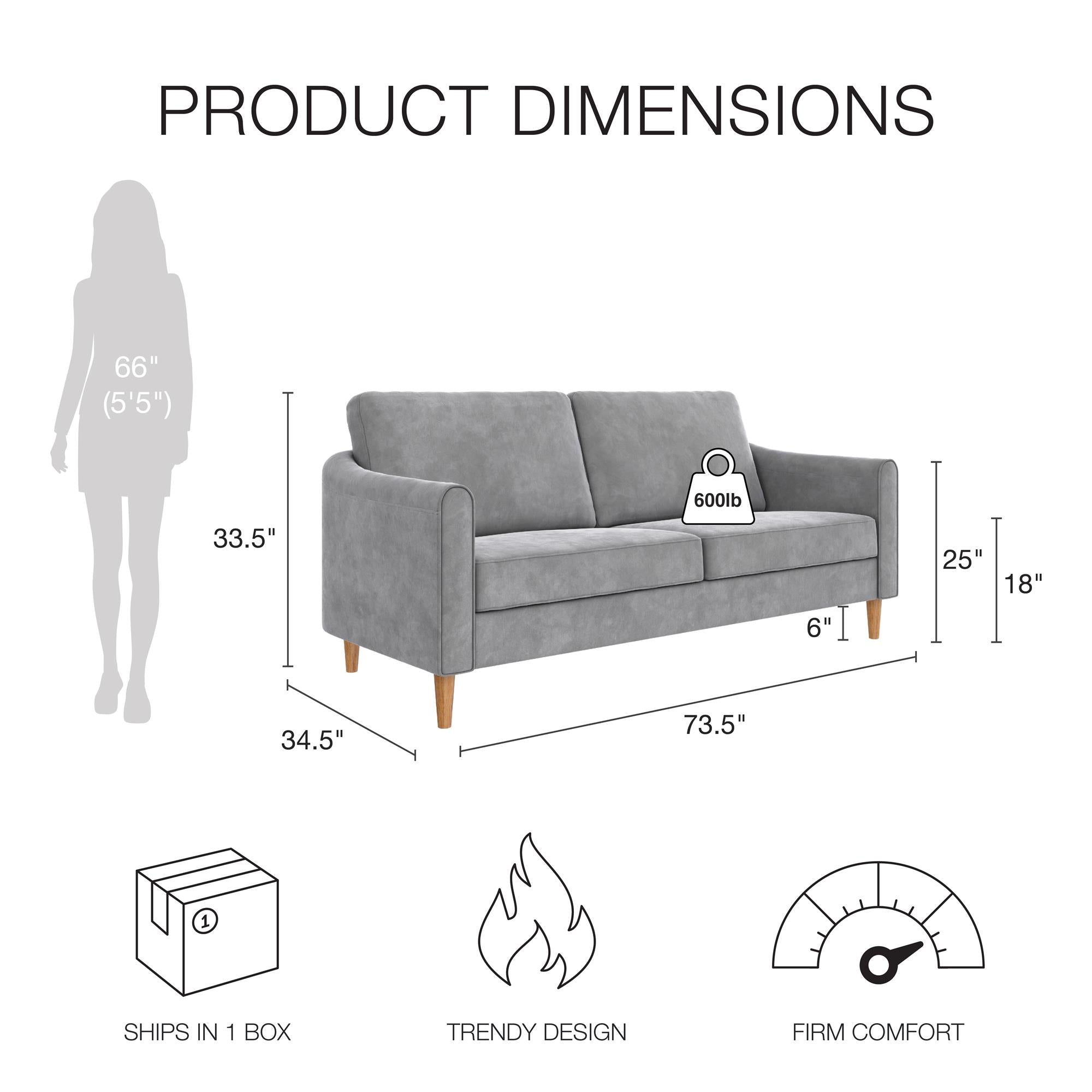 Mr. Kate Moon 73.5" Upholstered Sofa with Curved Back  - Gray - 3-Seater
