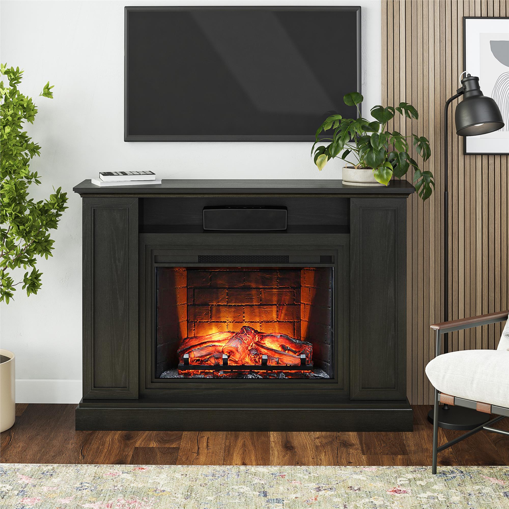 Ameriwood Home Pendleton Multi-Colored Electric Fireplace Mantel TV Stand with Storage for TVs up to 65" - Black Oak